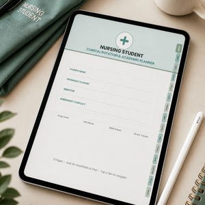 Peut inclure: Une tablette numérique affichant un planificateur académique et de stage clinique pour étudiant en soins infirmiers avec une icône plus, des champs d'informations et des onglets de navigation pour fiches médicaments et suivi NCLEX.