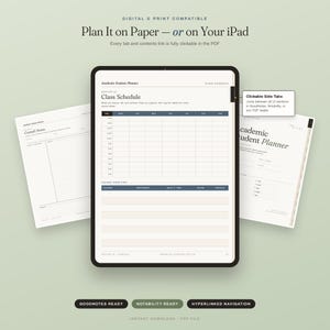 Peut inclure: Un planificateur étudiant académique numérique affiché sur un écran de tablette avec une mise en page d'emploi du temps, des onglets latéraux cliquables, des pages de notes Cornell et des sections de répertoire de cours pour PDF.