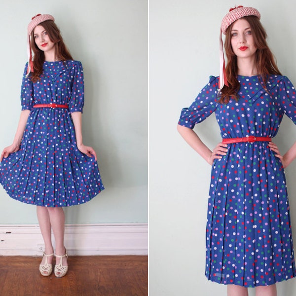 vintage 1980's royal blue polka dot dress with pleats / size s - m