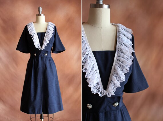 vintage 1950's navy blue silk dupioni & white lace