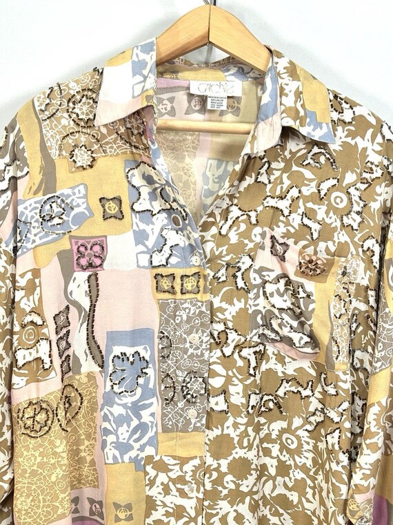 Vintage 90s Cache Artsy Beaded Patchwork Blouse W… - image 4