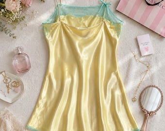 Victoria Secret Satin Lace Chemise Slip Dress Babydoll Fairy Yellow Mint Bow XS
