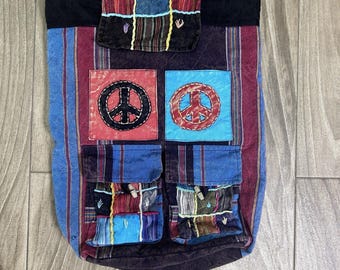 Plecak vintage boho hipisowski z lat 90., nepalski festiwal znaku pokoju, patchworkowa torba