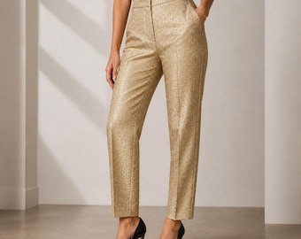 Talbots Pants Women 12 Petite 100% Silk Brocade Straight Dress Trouser Gold Tan