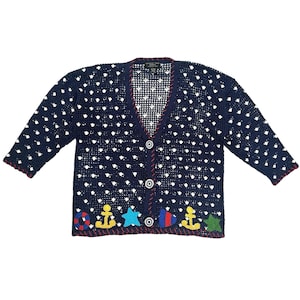 Suéter de ganchillo vintage de algodón y seda August para mujer, cárdigan azul marino náutico, talla grande