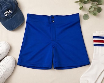Vintage 90-tals tränareshorts herr 28-30 blå USA-tillverkade gym retro sportkläder S