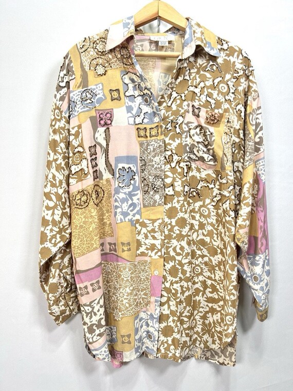 Vintage 90s Cache Artsy Beaded Patchwork Blouse W… - image 2
