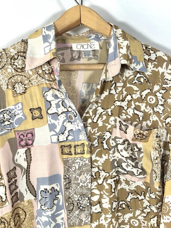 Vintage 90s Cache Artsy Beaded Patchwork Blouse W… - image 3