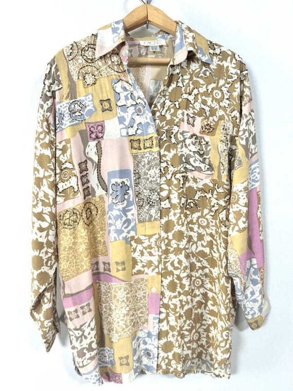 Vintage 90s Cache Artsy Beaded Patchwork Blouse W… - image 1