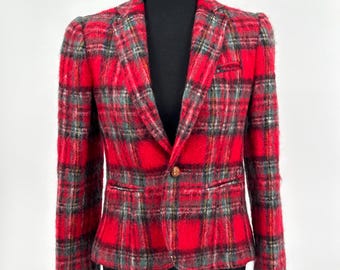 Vintage Mohair Wool Blazer Women's Tartan Plaid Classic Jacket Red Size 4 Small