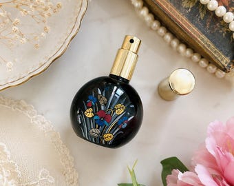 Vintage West Germany Perfume Atomizer Black Glass Floral Gold Refillable Bottle