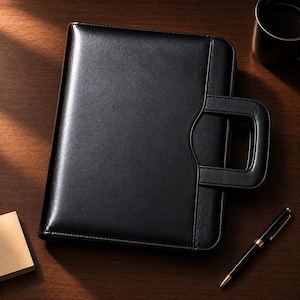 May include: A black leather-like portfolio case with a rectangular handle integrated into the side. The case features a smooth, semi-glossy finish with stitched edges, providing a structured appearance for document storage and organization.