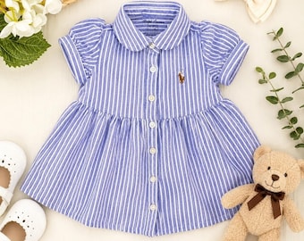 Vestido Polo Ralph Lauren Oxford Listrado para Bebê Menina 3 Meses Algodão Azul Branco