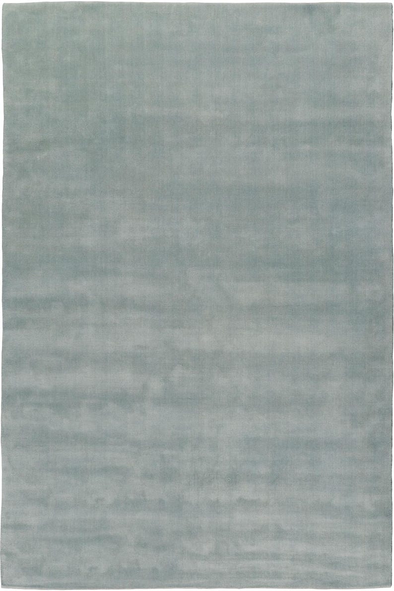 May include: A rectangular, light blue rug with a soft, textured appearance. The rug's color is a muted, pale blue, and the texture suggests a plush, comfortable feel. The design is simple, making it suitable for various interior styles.