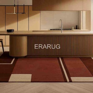 Modern Geometric Kitchen Rug – Minimalist Abstract Design, Rust & Beige Color Palette, Soft Area Rug for Contemporary Interiors