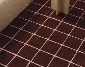 Hand Tufted Burgundy Grid Wool Rug, Modern Checkered Plush Carpet, Minimalist Living Room 9x12'