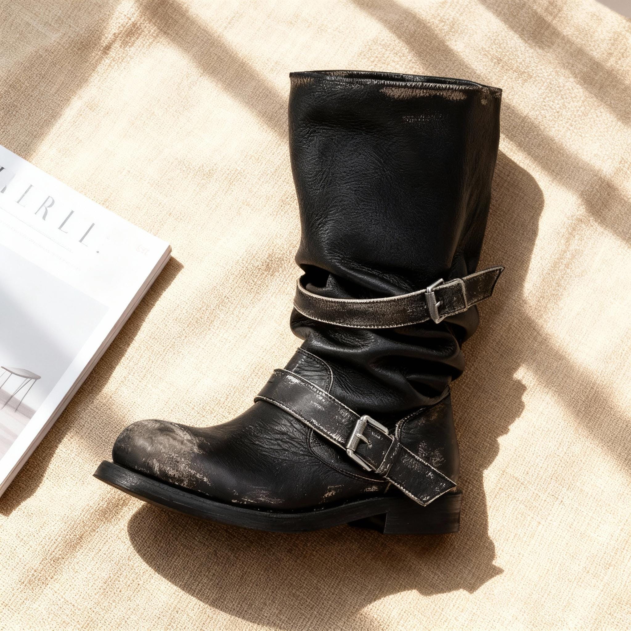 Handmade Distressed Black Boots, Slouchy Biker Shoes, Vintage