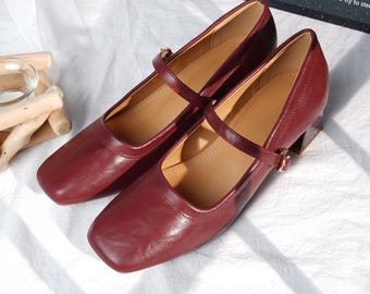 Handgemaakte bordeauxrode lakleer Mary Jane-hakken, vierkante neus met verstelbaar bandje, stevige hak comfortabele schoenen voor dagelijks gebruik, cadeau voor haar