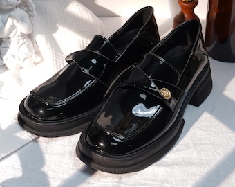 Handmade patent loafers,black platform shoes,women square toe loafers,gold button detail,chunky sole flats,Christmas gift her