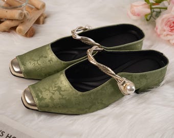 Handmade Green Pearl Flats for Women, Square Toe Slingback Shoes, Elegant Mary Jane Style, Soft Comfort Flats, Gift for Her