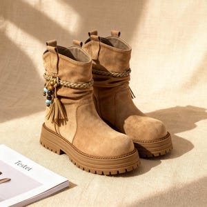 Handgjorda kamelfärgade boho-stövlar, löst sittande western-cowgirlskor, bruna mocka-tofsstövlar, grova platåstövlar med etniska pärlor, present till henne