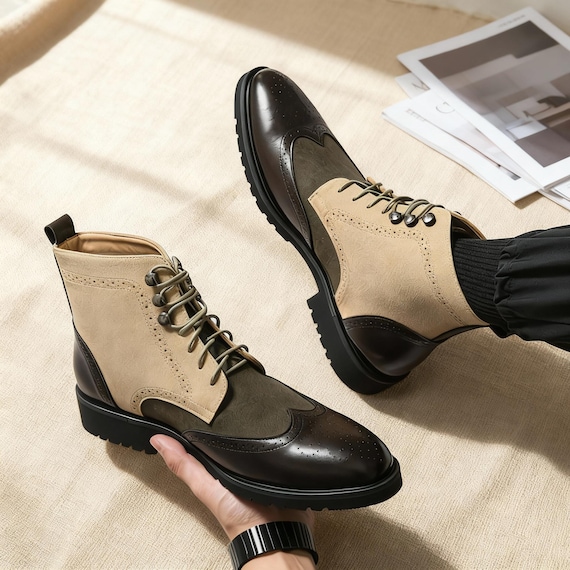 Handmade Wingtip Brogue Boots,Two Tone Oxford Shoes, Dark Academia Mens Footwear,Vintage Style Lace Up Ankle Booties,Valentines Gift for Him