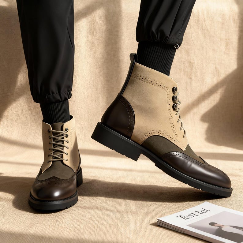 Op de afbeelding: Bruine, beige en olijfgroene leren laarzen met een vetersluiting. De laarzen hebben brogue-stijl details en een dikke zwarte zool. De laarzen worden gedragen met een zwarte broek en sokken.