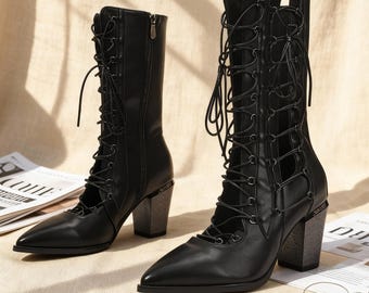 Handmade Black Lace Up Boots, Gothic Victorian Shoes, Pointed Toe Block Heel, Steampunk Witchy Footwear, Corset Style Mid Calf, Gift for Her