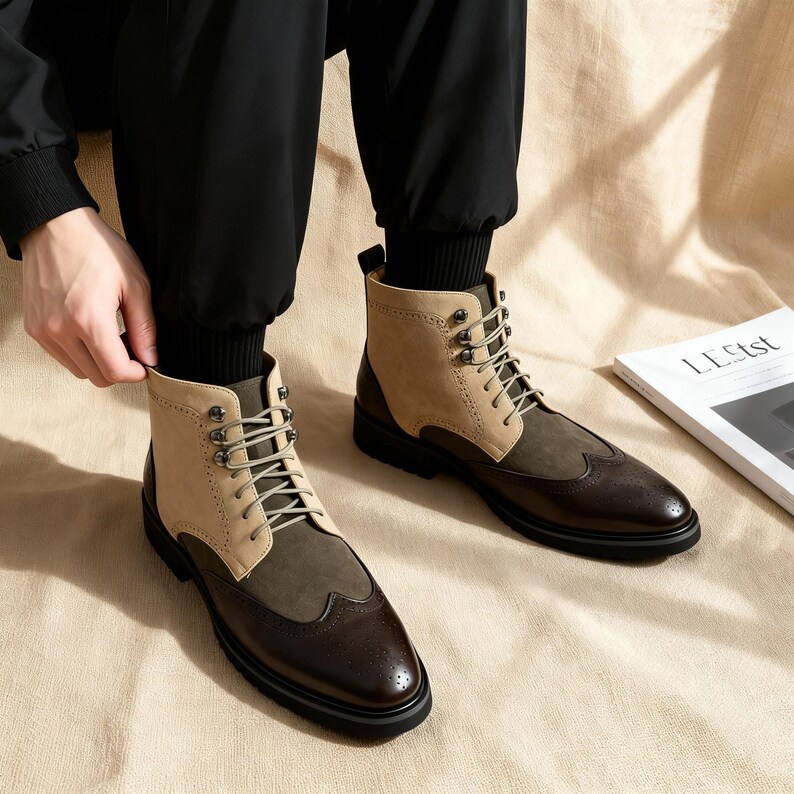Op de afbeelding: Tweekleurige leren laarzen met een wingtip-ontwerp. De laarzen hebben bruine, beige en olijfgroene panelen, met een vetersluiting en een stevige zwarte zool. De laarzen worden gedragen met een zwarte broek.