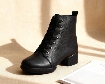 Handmade Black Soft Ankle Boots,Comfortable Lace Up Walking Shoes,Low Heel Side Zipper Booties,Vegan Winter Footwear,Gift for Her