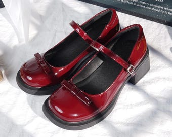 Tacones Mary Jane de charol burdeos hechos a mano, zapatos de plataforma con lazo, correa ajustable, tacón grueso, regalo perfecto para ella