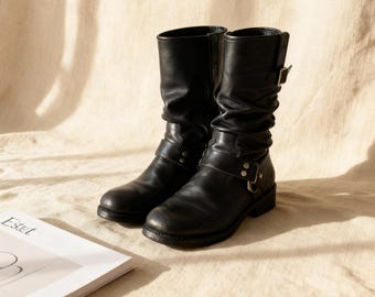 Handmade Black Slouchy Boots, Harness Biker Shoes, Mid Calf Moto Booties, Y2K Grunge Aesthetic, Vintage Style Buckle Gift for Her