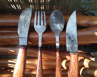 Handmade Damascus Steel Viking Cutlery Set Rosewood Handle Kitchen & Dining Utensils Unique Rustic Gift