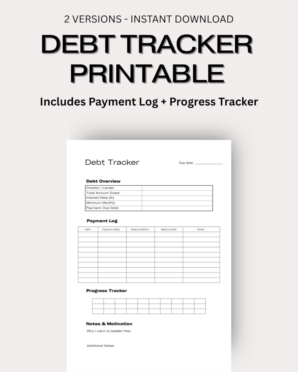Debt Progress Debt Tracker Printable PDF | Budget Planner | Payment Log & Progress ...