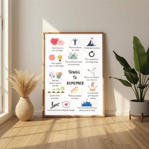May include: A framed print with the words "THINGS TO REMEMBER" and positive affirmations. The print includes colorful illustrations and is displayed in a bright room with a vase and a potted plant. The print is in a wooden frame.