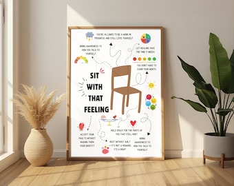 Póster "Siéntate con ese sentimiento", decoración de consultorio de terapia, consejero escolar, TCC/DBT, póster de consejería, salud mental, arte mural de emociones, digital