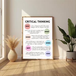 Puede incluir: Un p&oacute;ster enmarcado con el t&iacute;tulo "CRITICAL THINKING" y preguntas sobre qui&eacute;n, qu&eacute;, d&oacute;nde, cu&aacute;ndo, por qu&eacute; y c&oacute;mo. El p&oacute;ster est&aacute; en un marco de madera clara y se exhibe en una habitaci&oacute;n con un jarr&oacute;n de plantas secas y una planta en maceta.