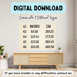 Puede incluir: Un gr&aacute;fico de descarga digital con opciones de tama&ntilde;o en pulgadas y cent&iacute;metros. Los tama&ntilde;os incluyen A2, A3 (20x25 cm), A4 (27x35 cm), A5 (30x45 cm) y A6 (40x50 cm). El texto en la parte superior dice "DESCARGA DIGITAL".