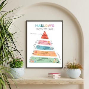 Op de afbeelding: Een ingelijste print van Maslow's Behoeftehiërarchie, een kleurrijke infographic die de niveaus van menselijke behoeften illustreert. De tekst bevat "Eigenwaarde", "Liefde en verbondenheid", "Veiligheidsbehoeften" en "Fysiologisch".