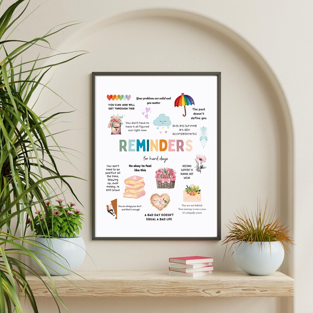 Reminders for Hard Days Poster, Mental Health Wall Art, Therapy Office ...