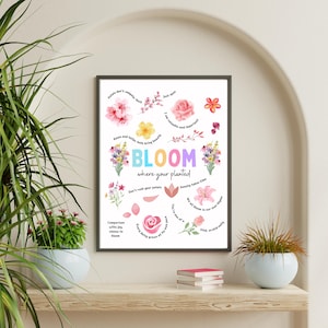 May include: A framed print with the words "BLOOM where your planted" in colorful letters, surrounded by floral illustrations and inspirational quotes. The artwork features pink, yellow, and purple flowers, and is displayed on a wooden shelf with plants.