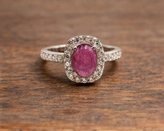 Bague rubis ovale halo, argent sterling 925, pierre de naissance juillet