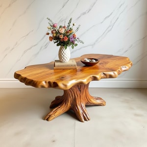 May include: A unique, handcrafted wooden coffee table with a natural, organic edge. The table is supported by a tree trunk-like base. A white vase with colorful flowers, a small wooden bowl, and books are on the table.