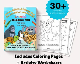 May include: A children's coloring book titled "Animals Coloring Fun" with a cover featuring cartoon animals. The book includes over 30 coloring and activity pages. The text "Includes Coloring Pages + Activity Worksheets" is also visible.