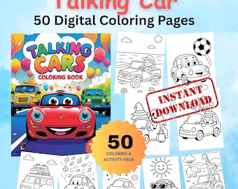 May include: A digital coloring book titled "Talking Cars" with 50 pages. The cover features a red cartoon car and the book includes various black and white car illustrations with the text "Instant Download".