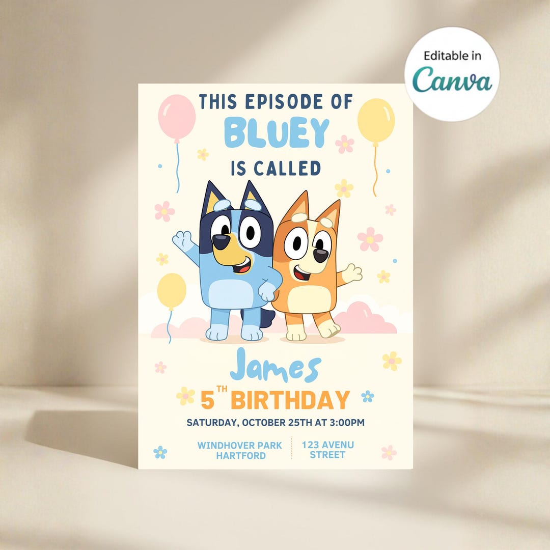 Editable Blue Dog Birthday Invitation, Cartoon Puppy Party Invite ...