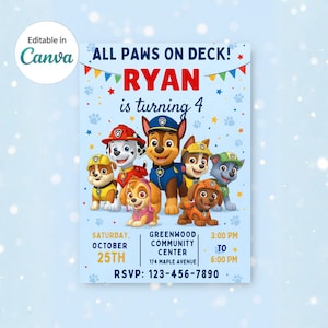 Editable Paw-ty Patrol Birthday Invitation, Puppy Party Canva Template, Skye & Chase Kids Birthday Invite, Digital Download Card