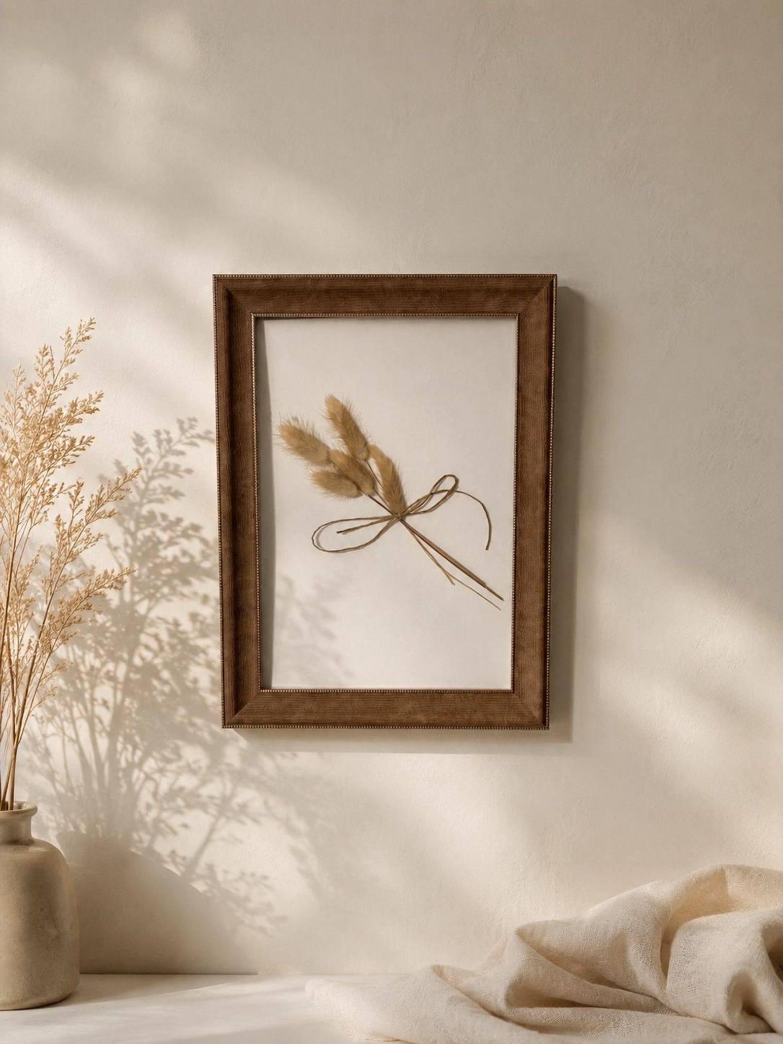 Dried botanical framed print pressed flowers neutral background wabi sabi wall art