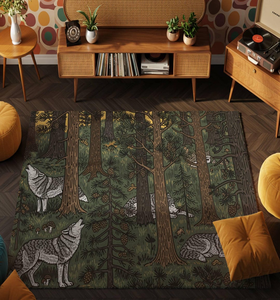 Wolf Forest Area Rug: Rustic Woodland Carpet for Cabin and Lodge Decor ...