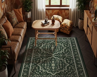 Green Medallion Area Rug: Elegant Decorative Carpet for Living Room Decor